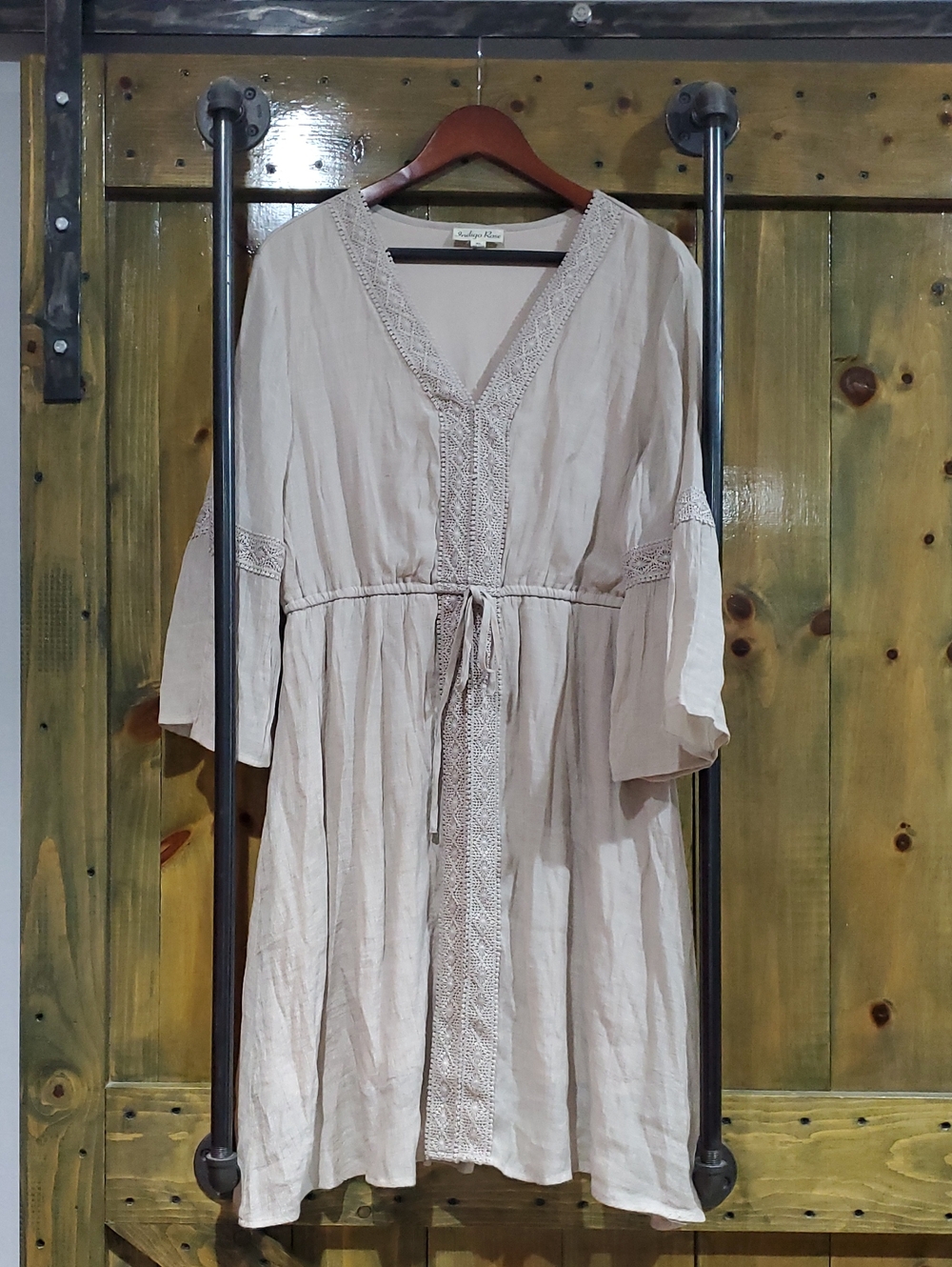 Neutral Taupe Lace-Trim Cotton Dress Lightweight Cowgirl Boho Western Femme Flow